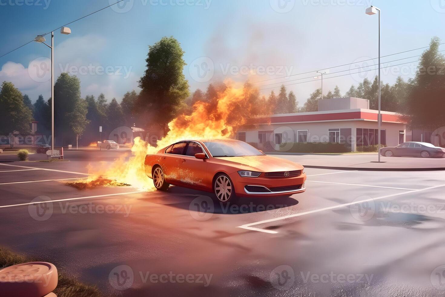 AI generated A car is on fire in a parking lot at summer day, neural network generated image photo