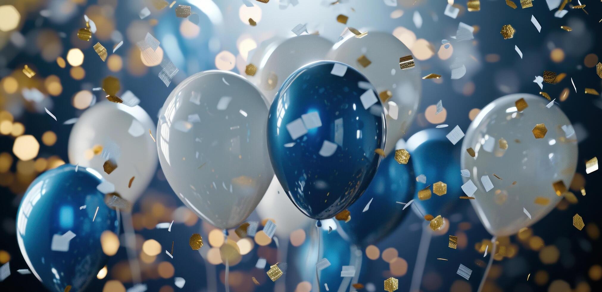 AI generated a blue and white group of balloons with white and gold confetti photo