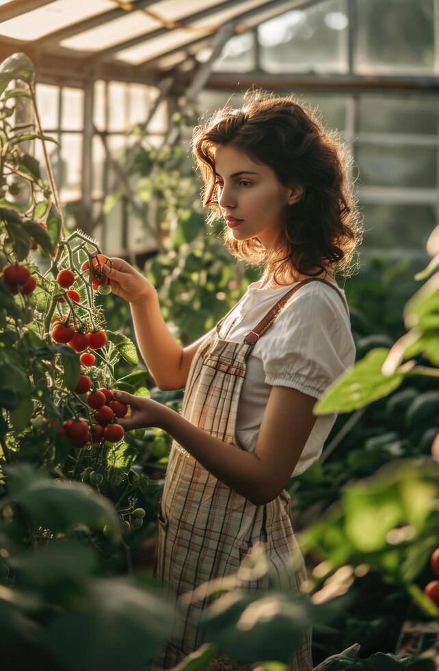 AI generated a beautiful female woman is picking up vegetables in a greenhouse photo