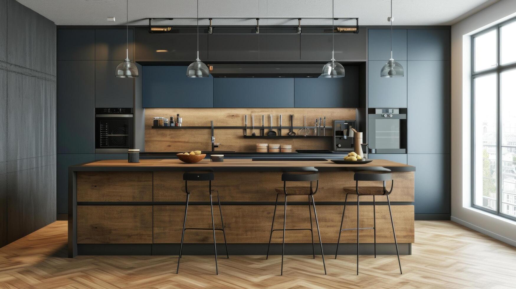 AI generated modern kitchen with wooden floor and wooden cabinets photo