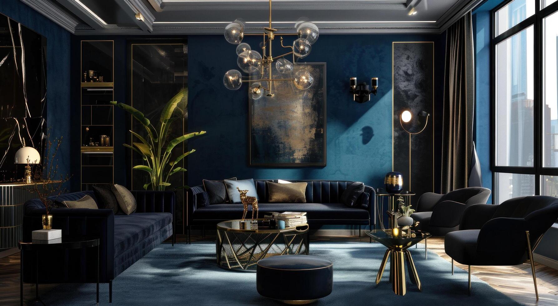 ai generado futurista vivo habitación con azul paredes y negro mueble foto