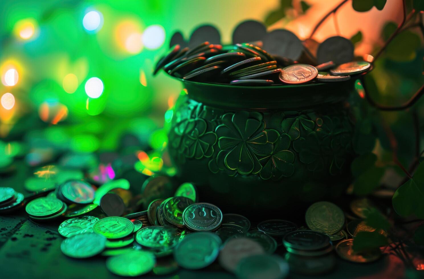 AI generated green shamrock hat and sparkly green accessories photo