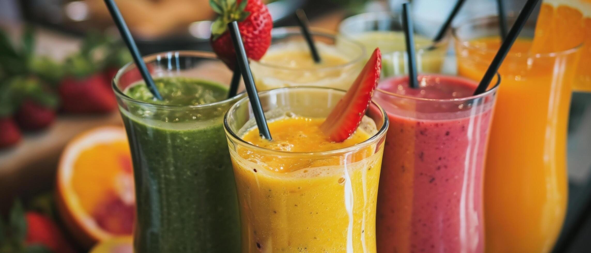 AI generated green smoothie, orange smoothie, banana smoothie photo
