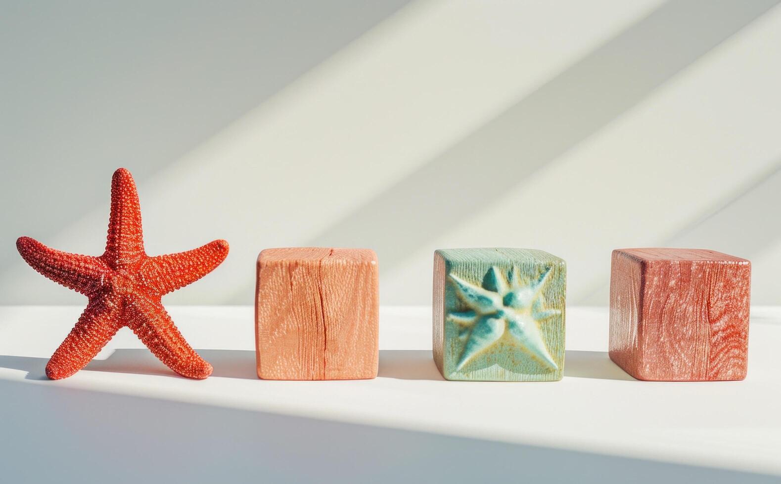 ai generado cuatro de madera bloques y un rojo estrella de mar en blanco antecedentes foto