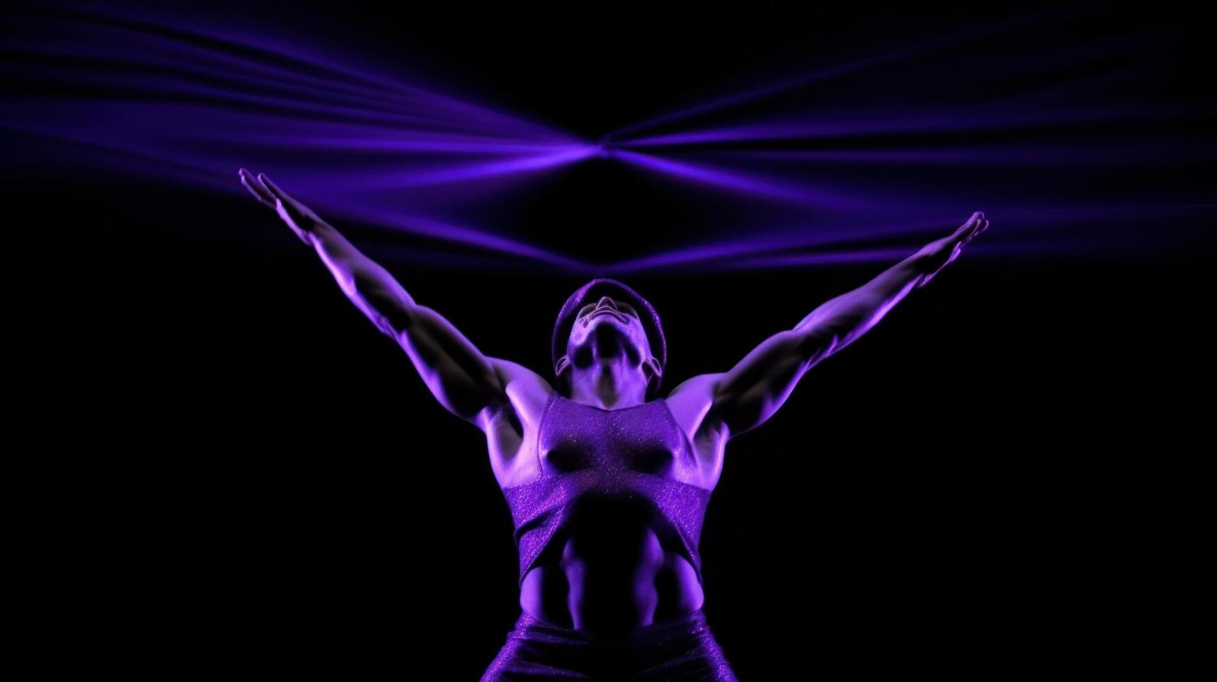 AI generated dancing purple acrobat in light space with hands wide open photo