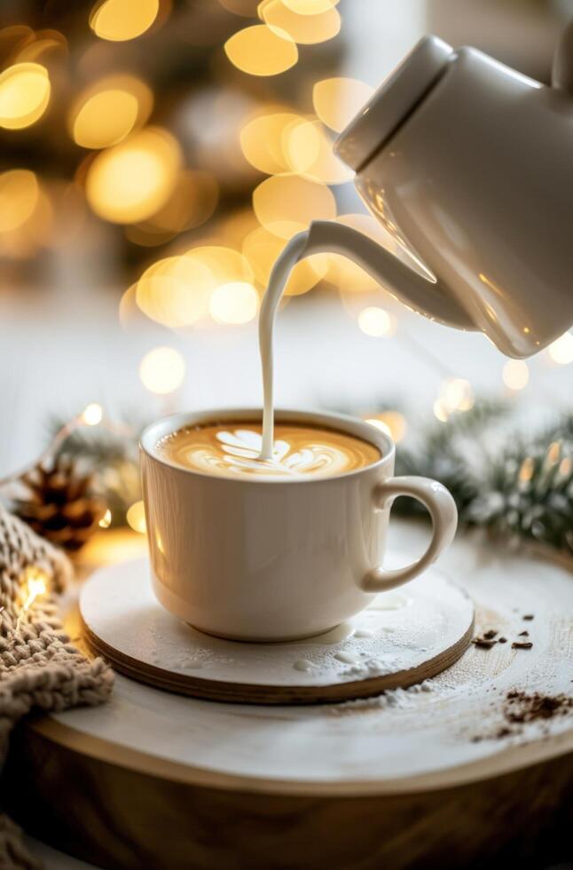 AI generated a coffee mug on a white wooden board with milk being poured on it photo