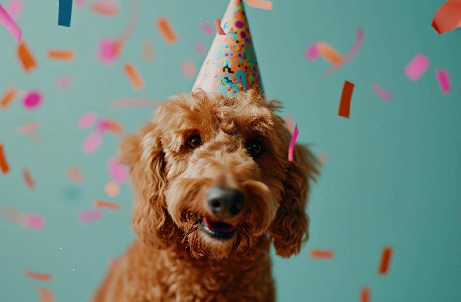 ai generado un perro en un fiesta sombrero en un azul fondo animado gifs foto