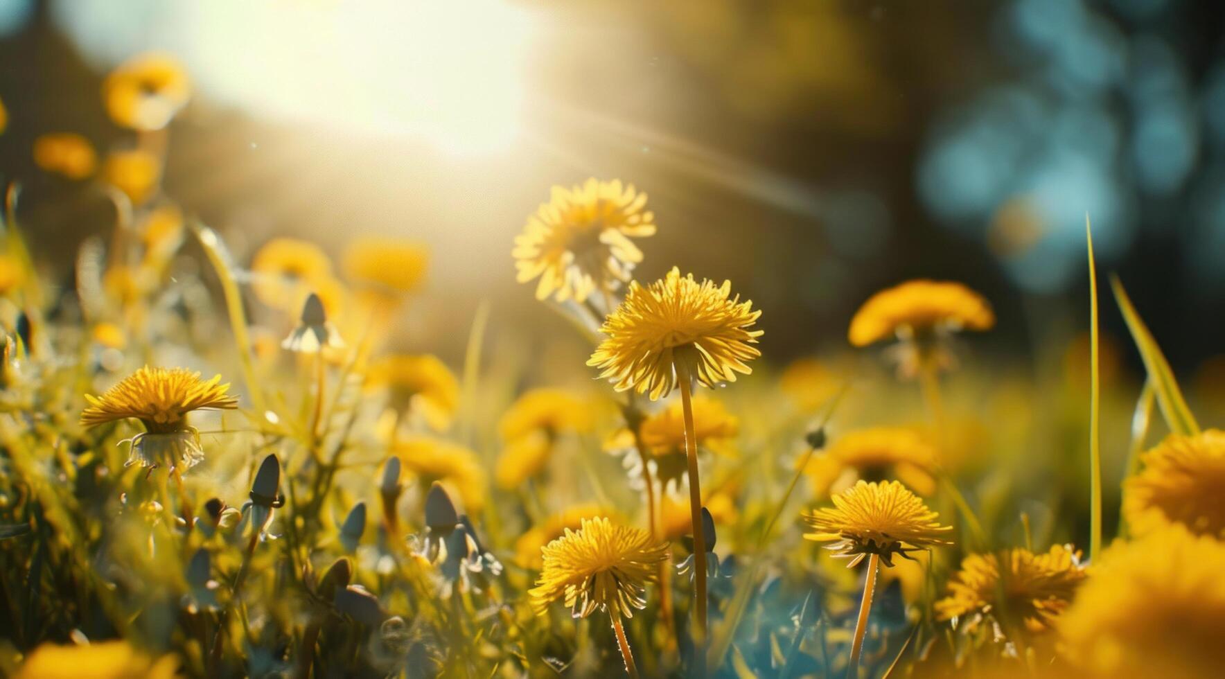 AI generated a field with yellow dandelions in the sun photo