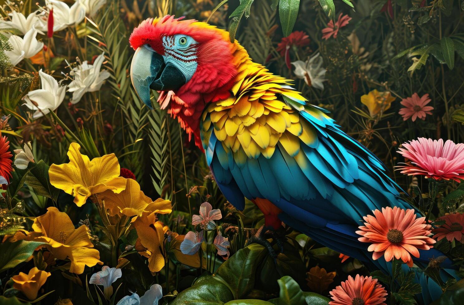 AI generated a colorful parrot sits in a flower bed photo