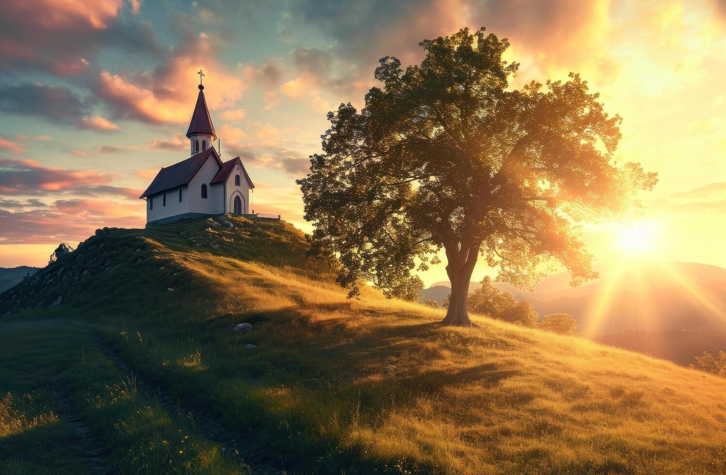 ai generado un Iglesia en un ladera a puesta de sol con un árbol foto