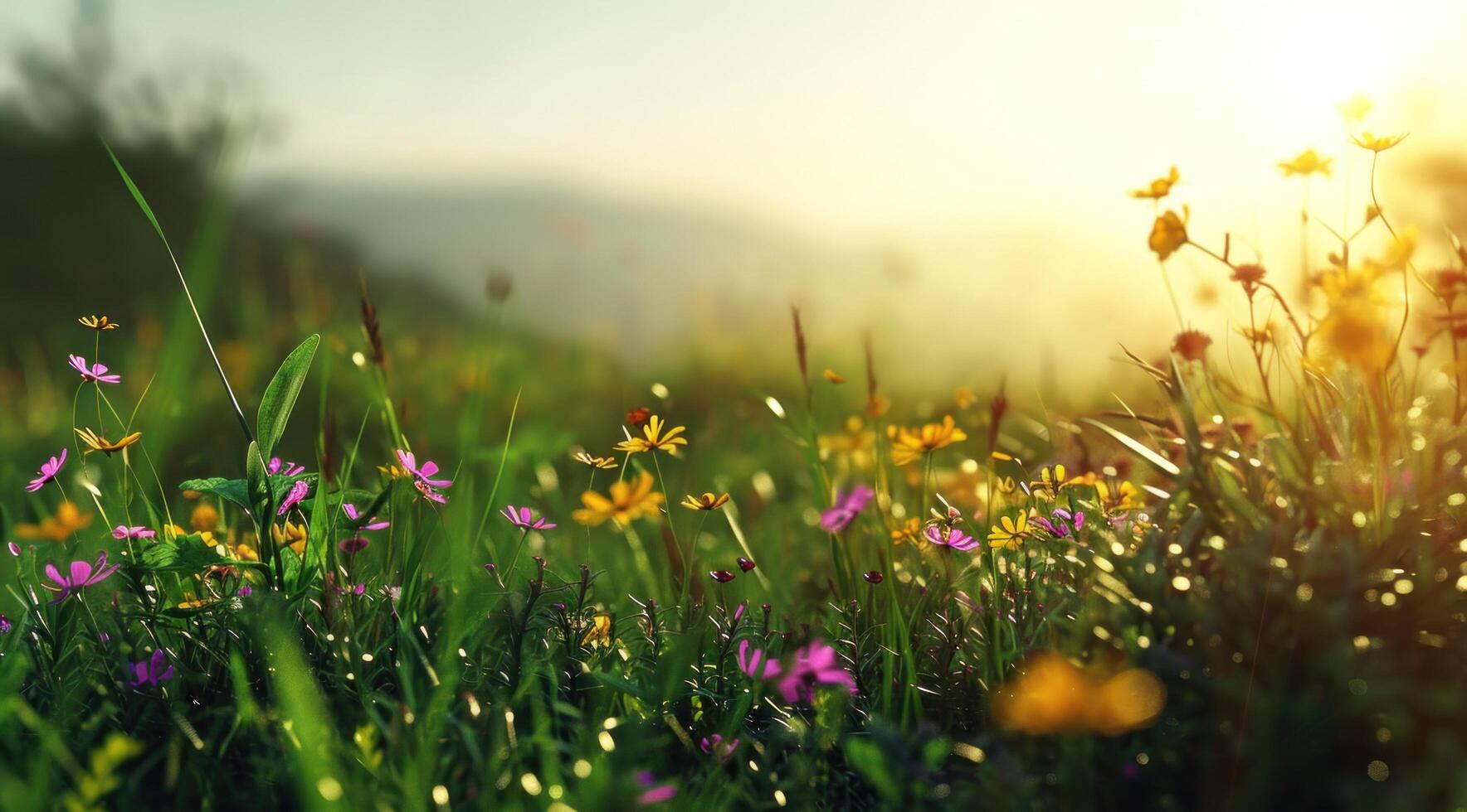 ai generado un verde y florido campo con luz de sol en el antecedentes foto