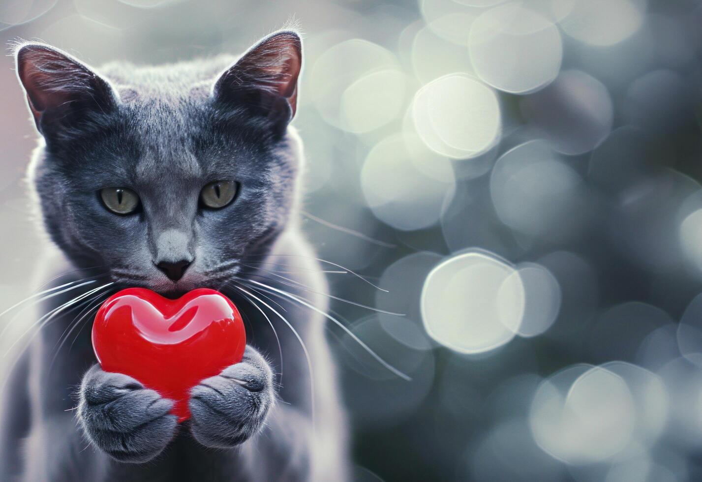 AI generated a grey cat holding a red heart photo