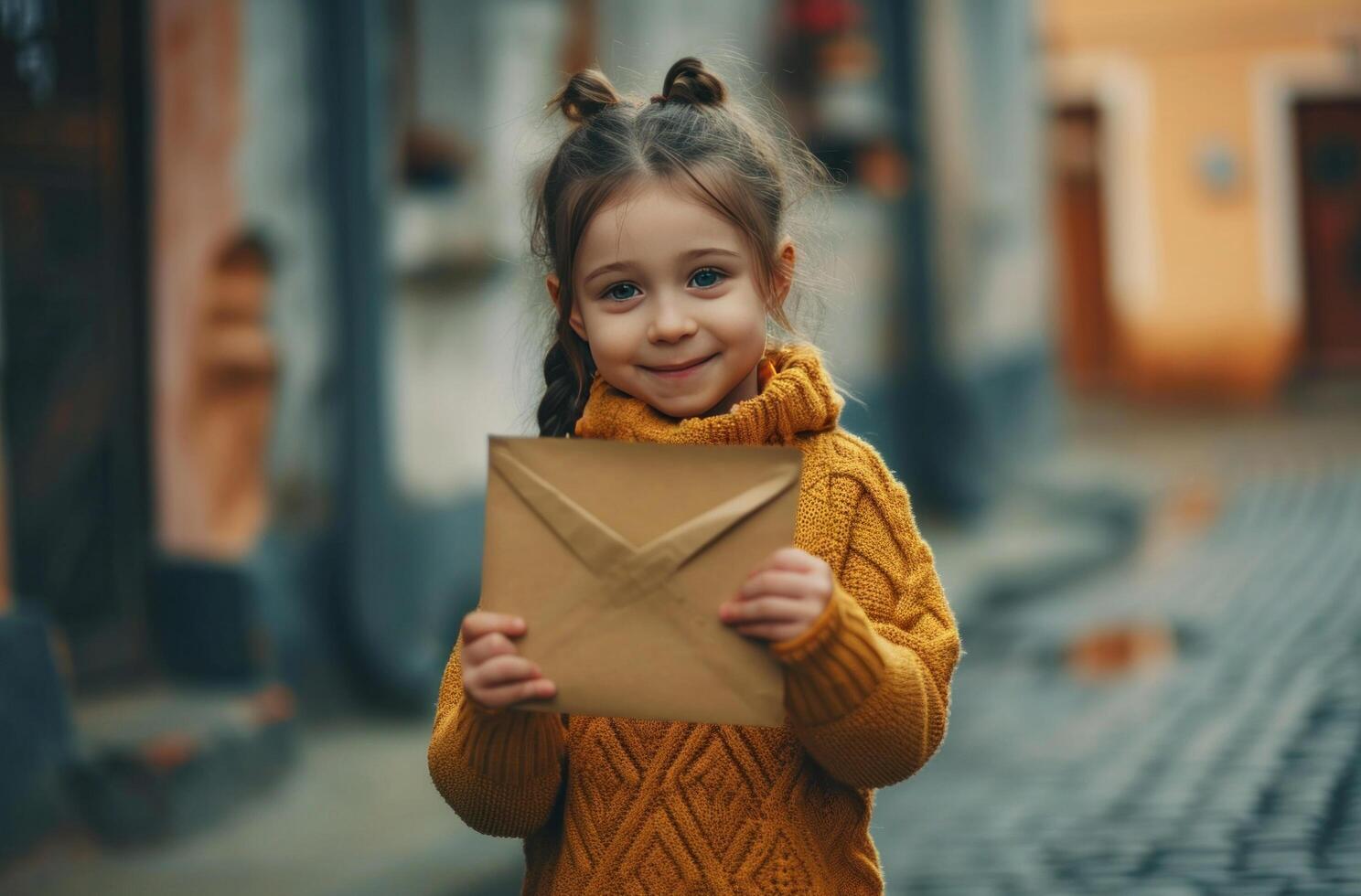 AI generated a little girl holding an envelope holding it on the street photo