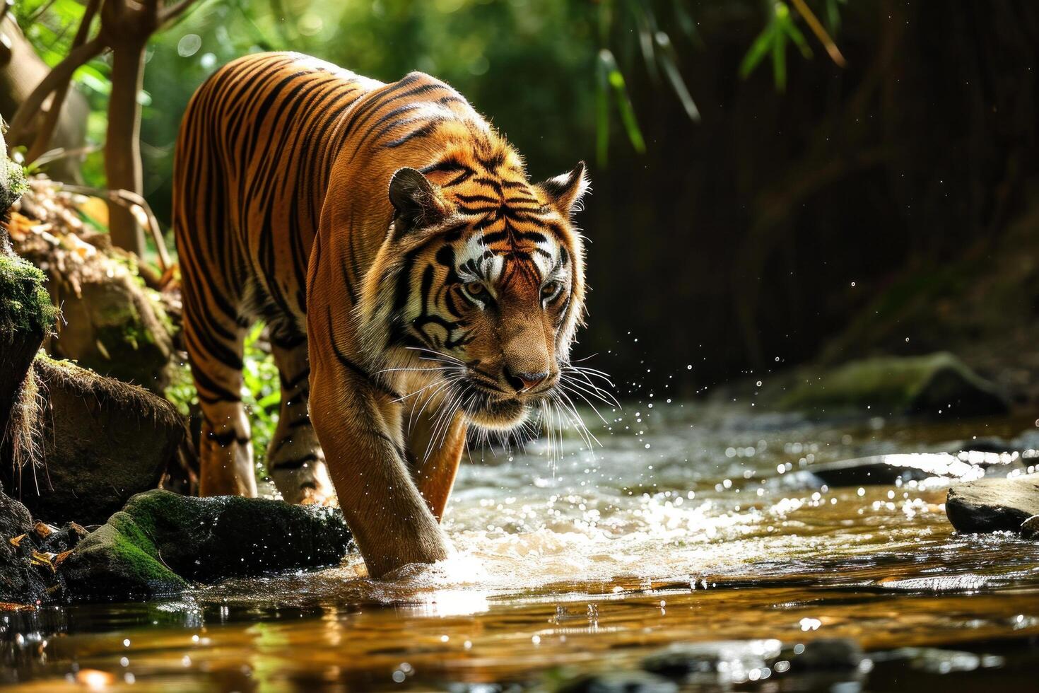 AI generated a tiger walking through small streams in a forest photo