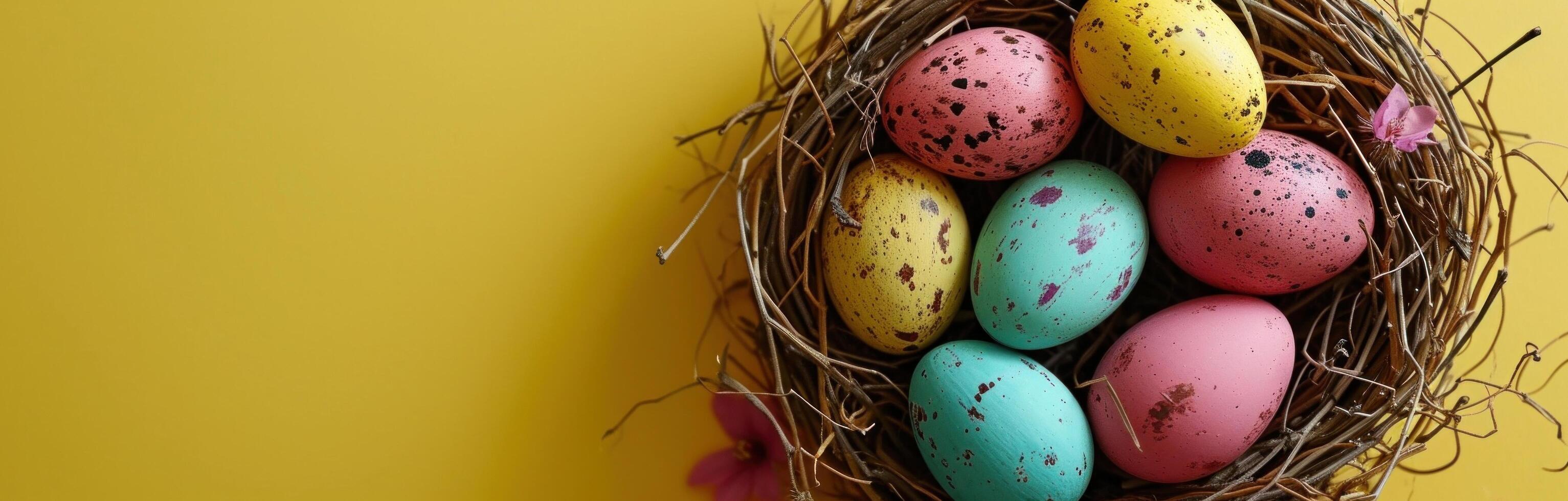 AI generated colorful easter eggs and colorful tulips in easter nest on yellow photo