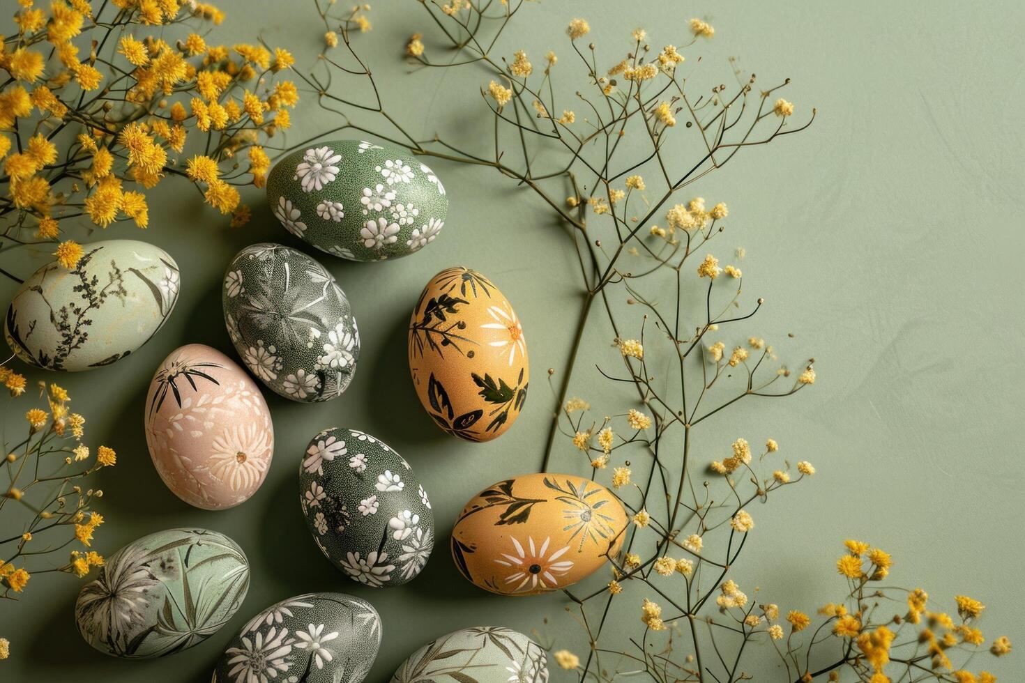 ai generado Pascua de Resurrección huevos en un verde fondo, floral motivos foto