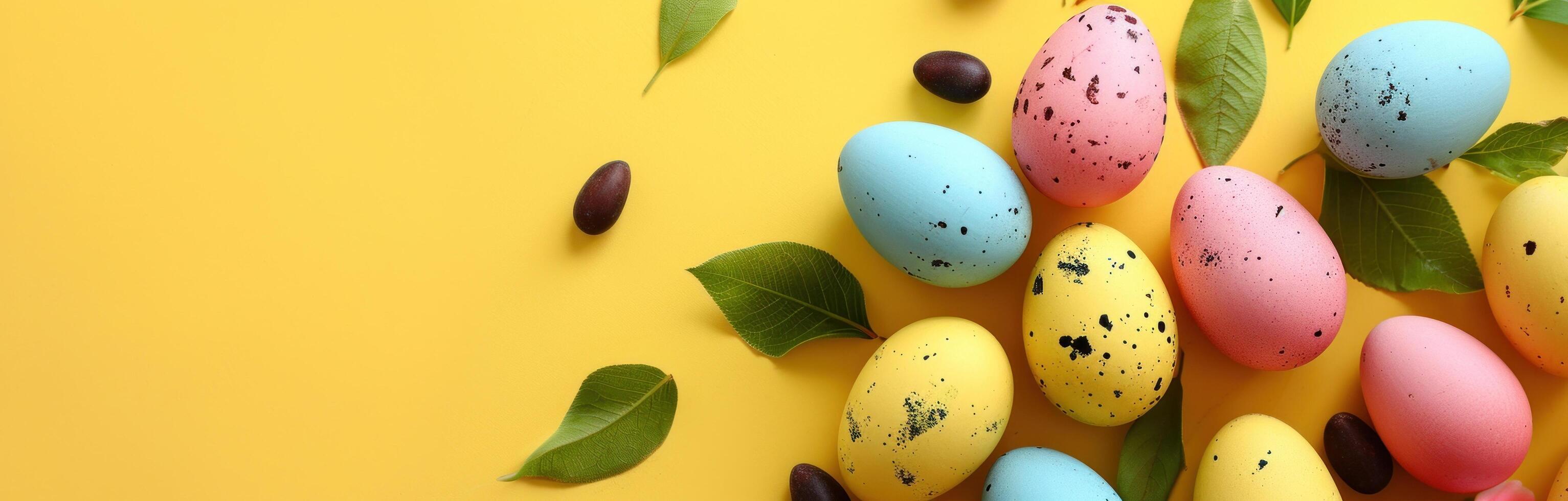 AI generated colorful easter eggs and colorful tulips in easter nest on yellow photo