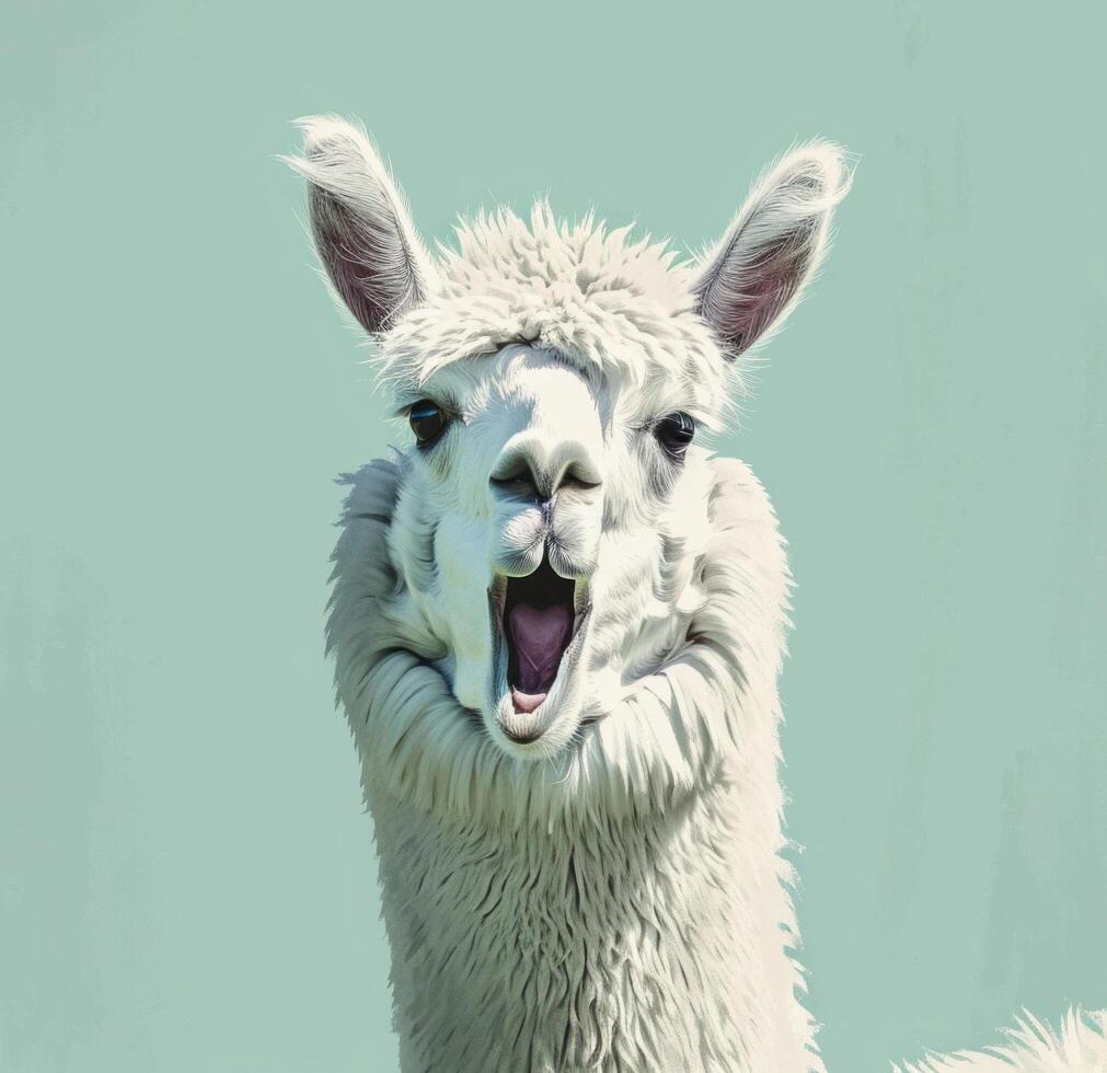 AI generated a white alpaca with his mouth open is shown looking photo