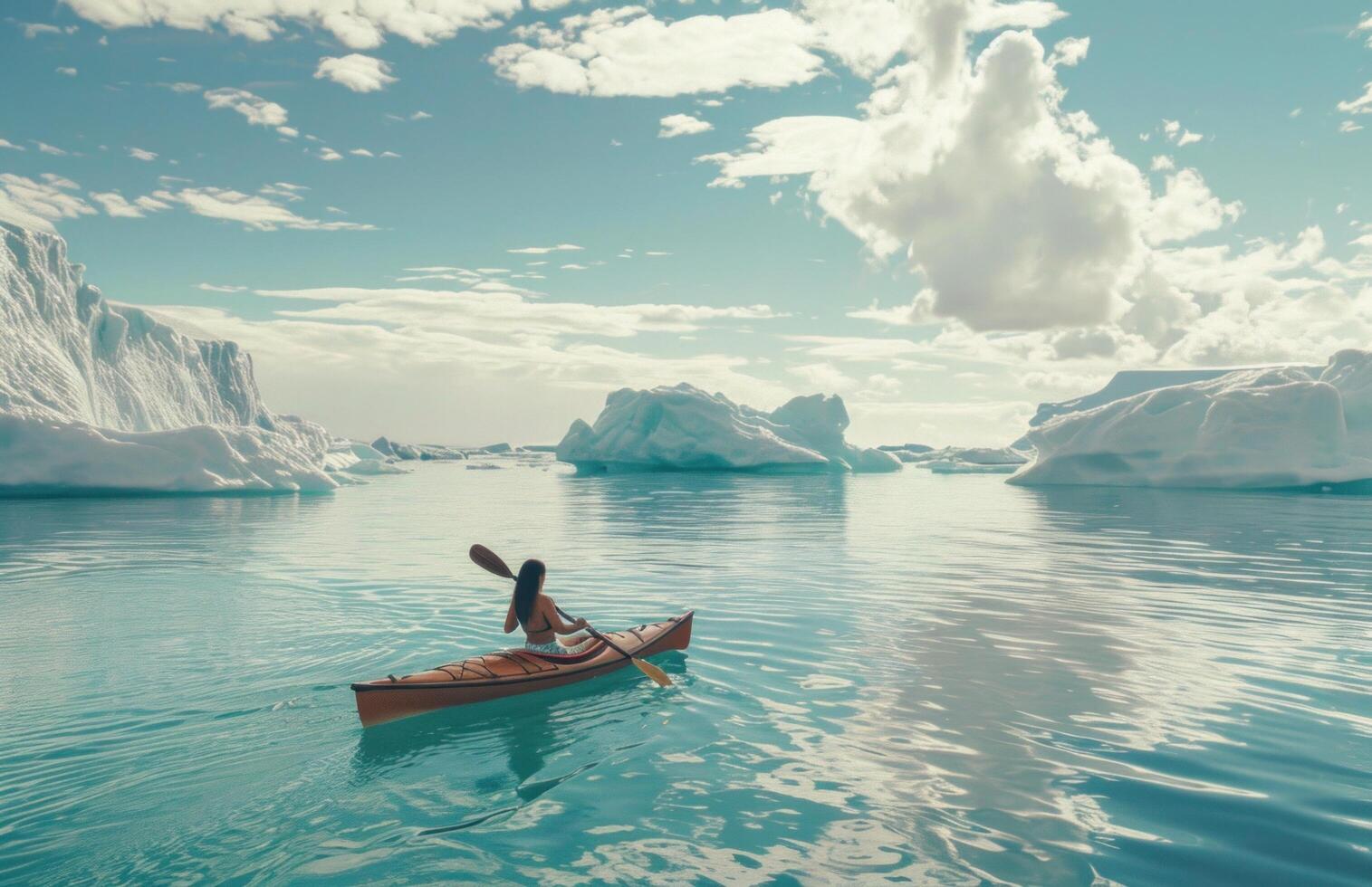 AI generated a woman is floating on a canoe under icebergs photo