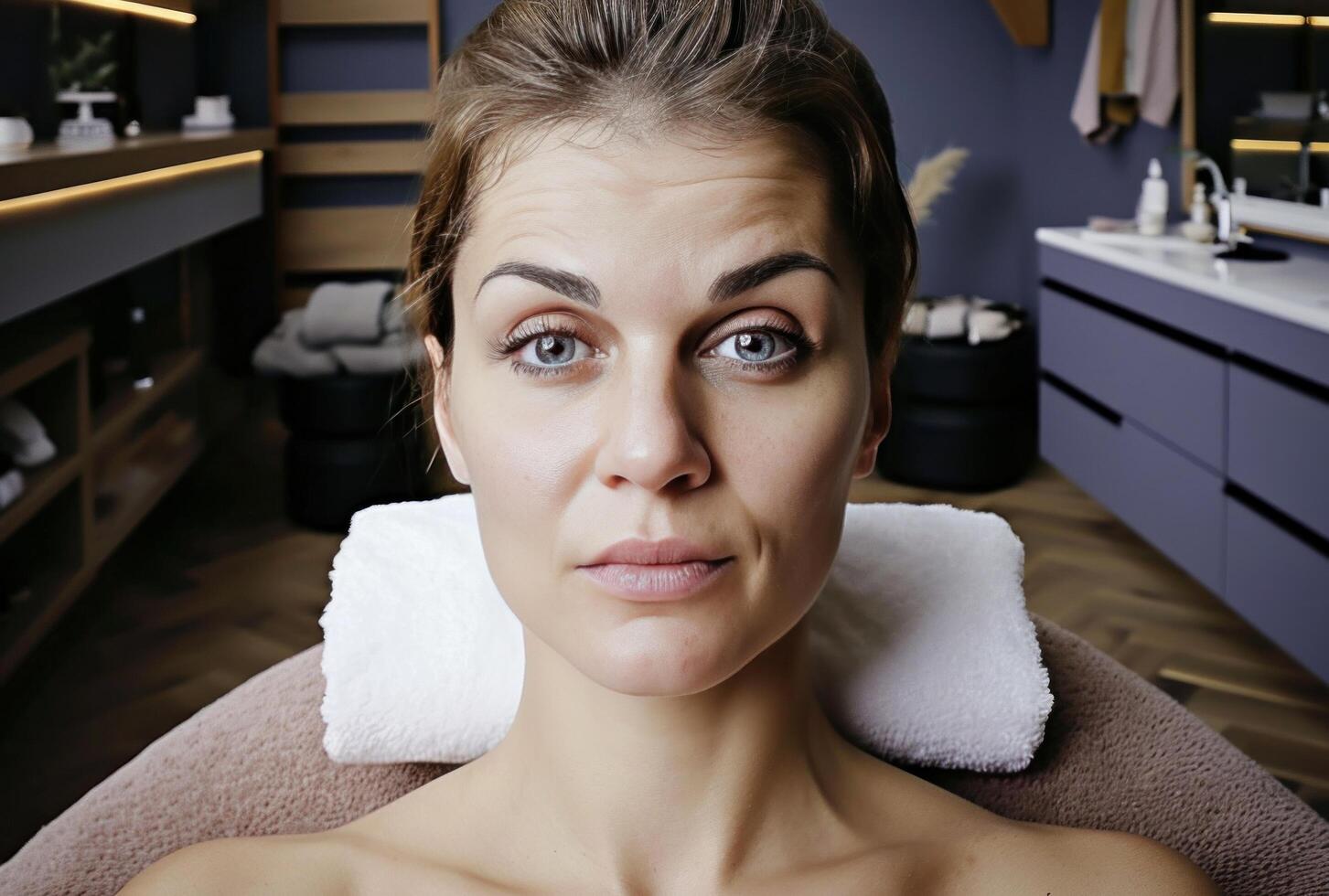 ai generado un mujer consiguiendo un facial masaje en un belleza salón foto