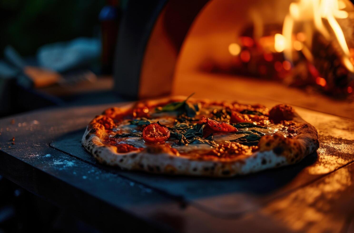 AI generated a pizza is cooked in a wood fired pizza oven photo