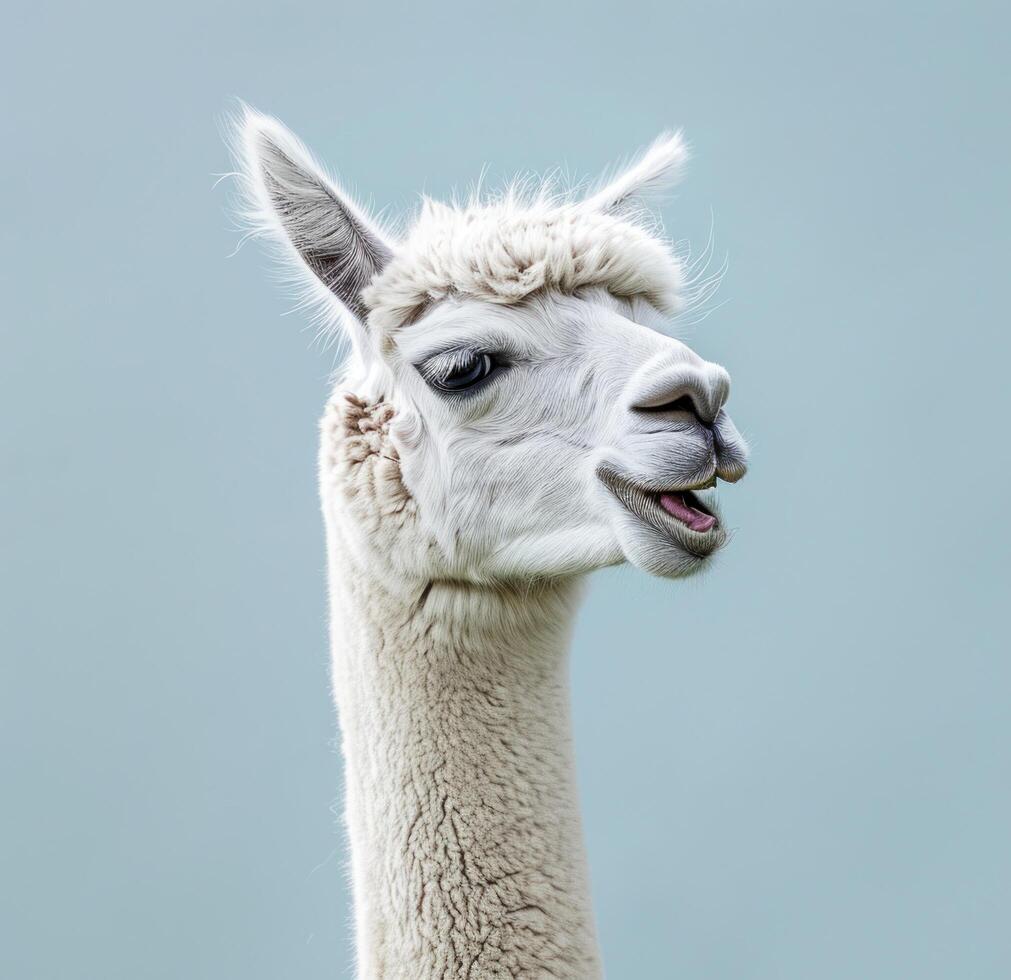 ai generado un blanco alpaca con su boca abierto es mostrado mirando foto