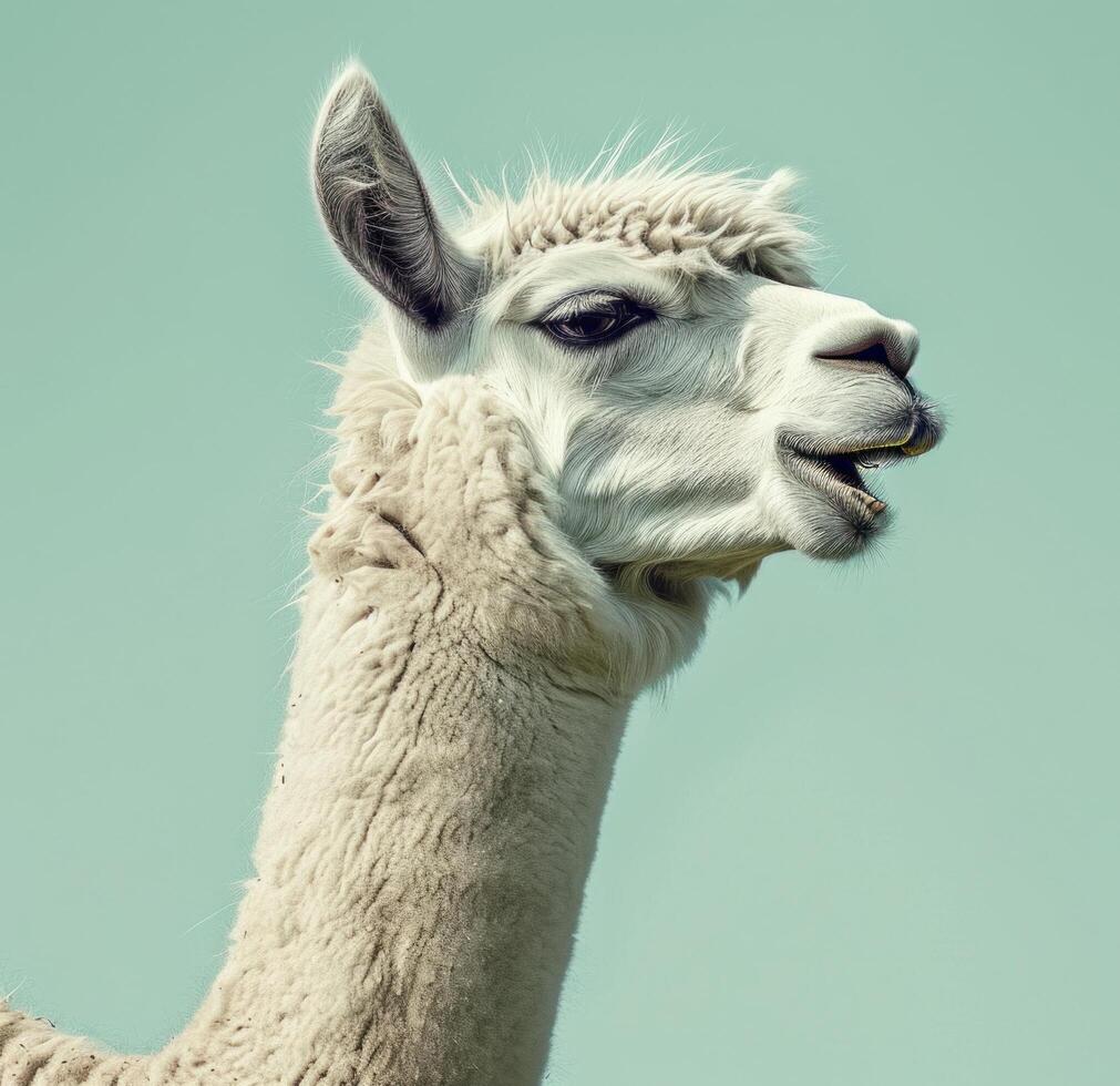 AI generated a white alpaca with his mouth open is shown looking photo