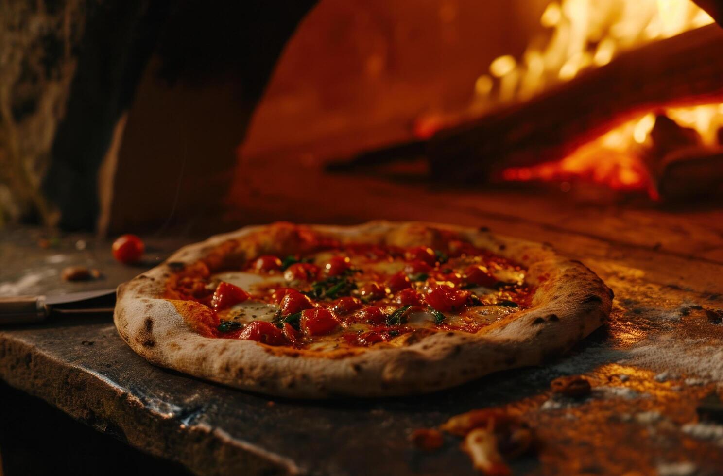 AI generated a pizza is being cooked using an outdoor pizza oven photo