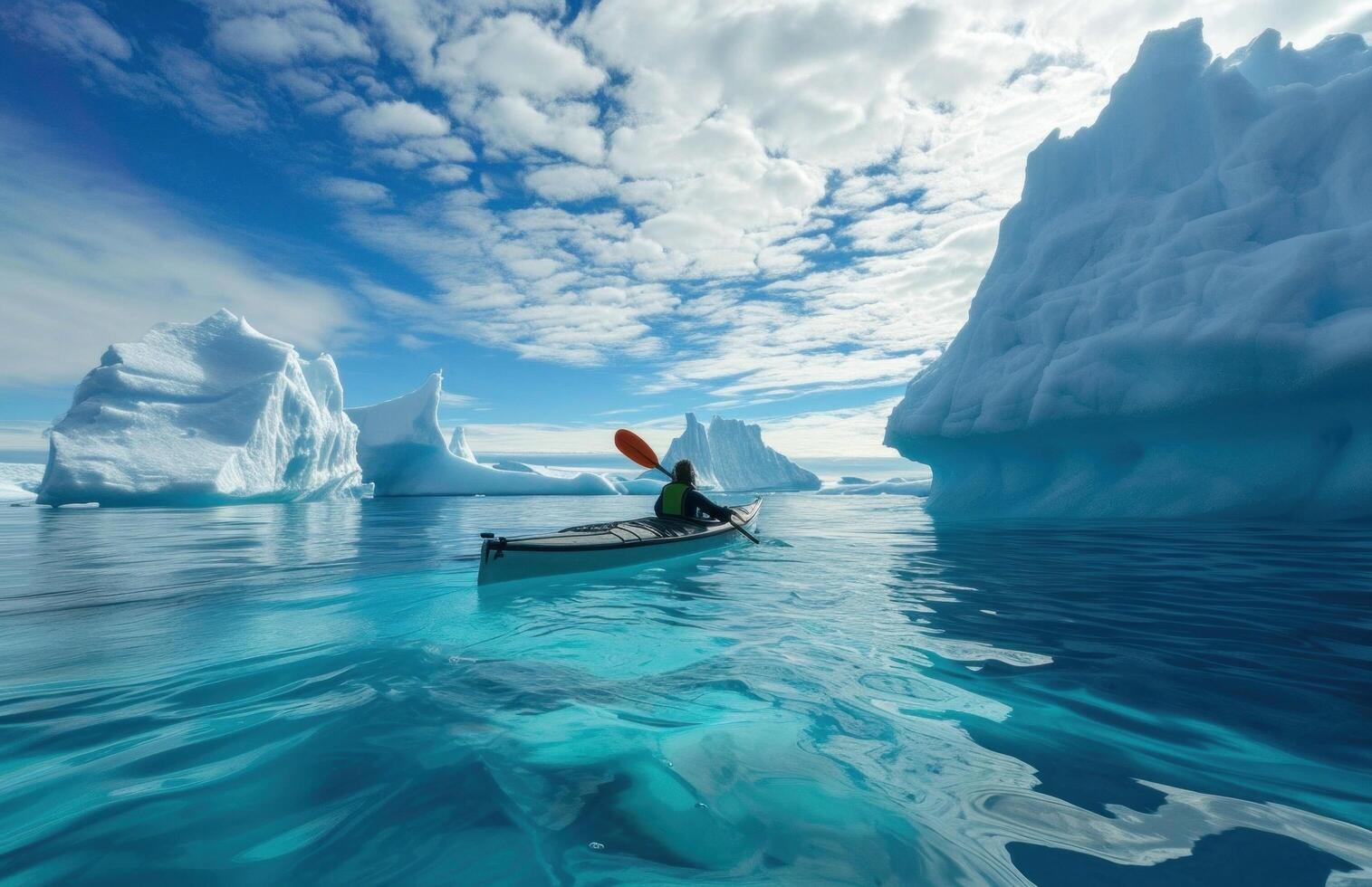 AI generated a woman is floating on a canoe under icebergs photo