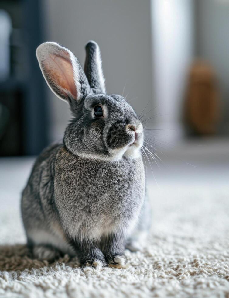 ai generado un gris Conejo es frente cámara y mirando espalda o lado sala foto