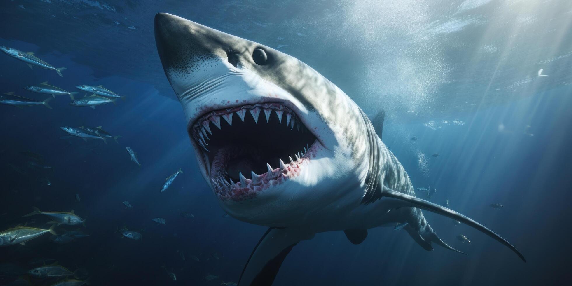 AI generated a great white shark is swimming with her mouth open photo