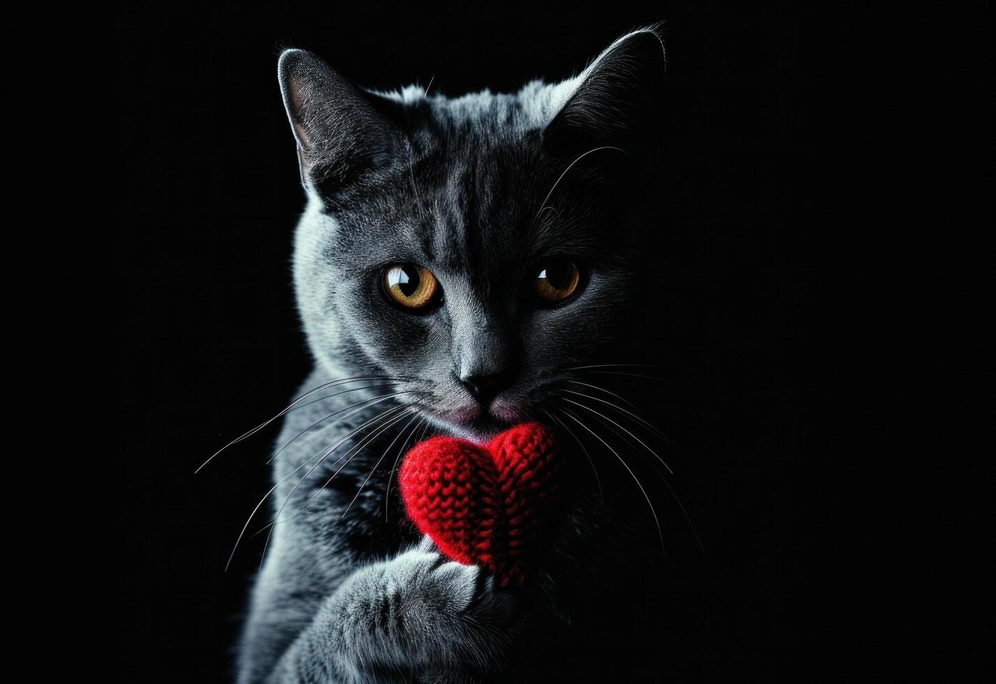 AI generated a gray cat holding red heart over black background photo