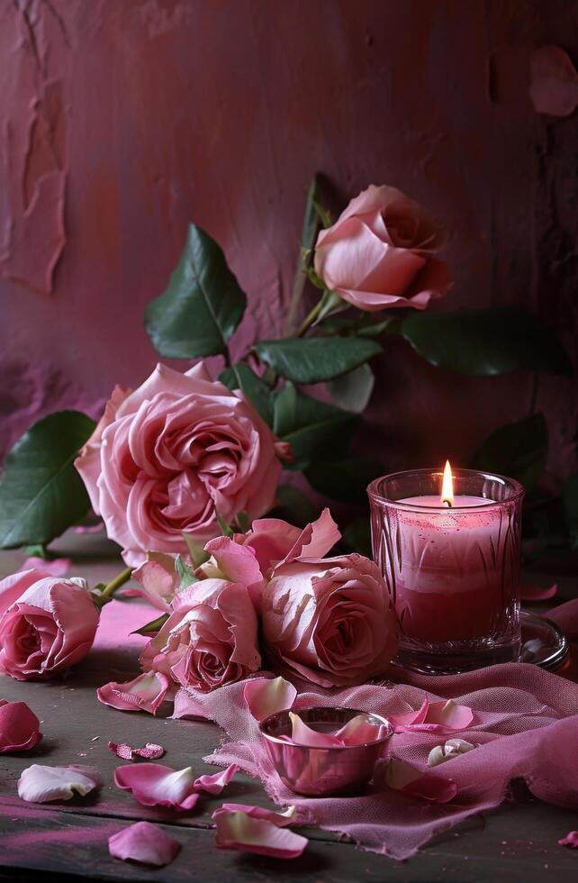 ai generado un arreglo de rosado rosas y rosado velas foto