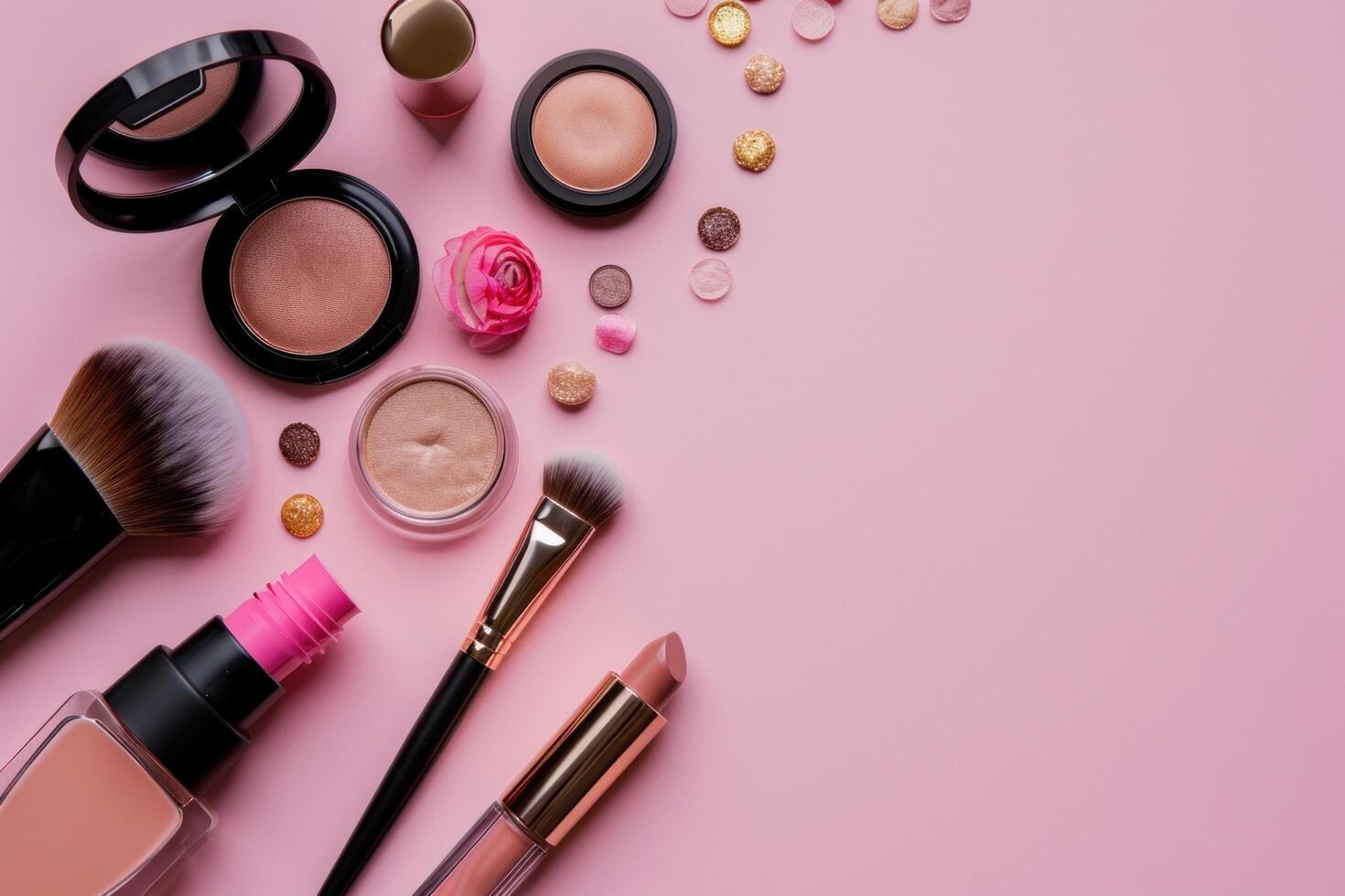 AI generated beauty makeup products on a pink background photo