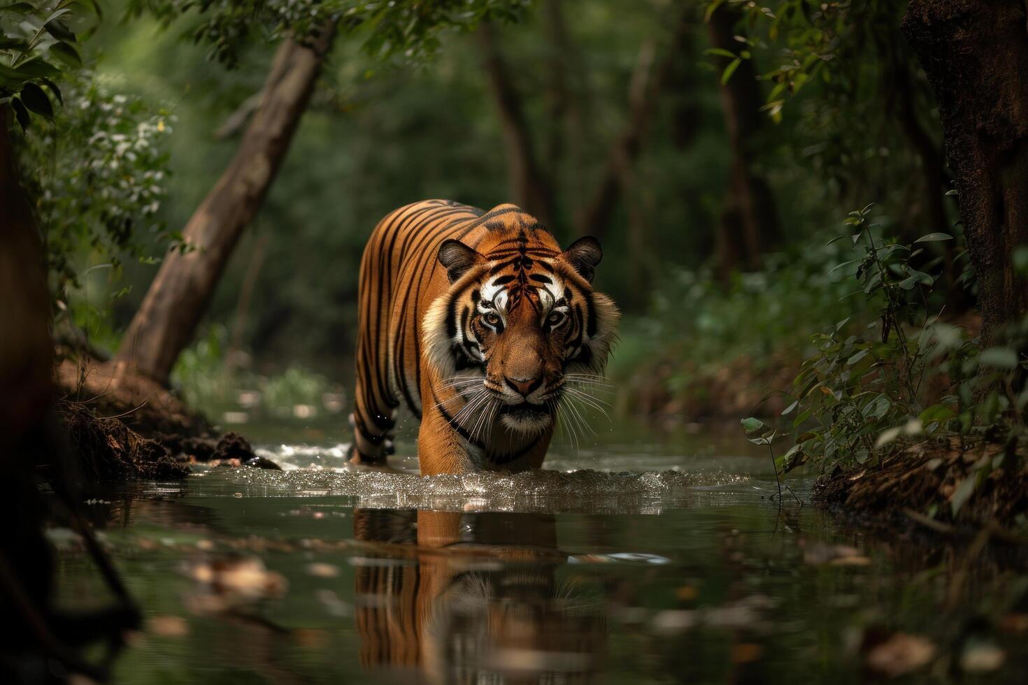 AI generated a large male tiger walking across a river in the forest, ethical concerns photo