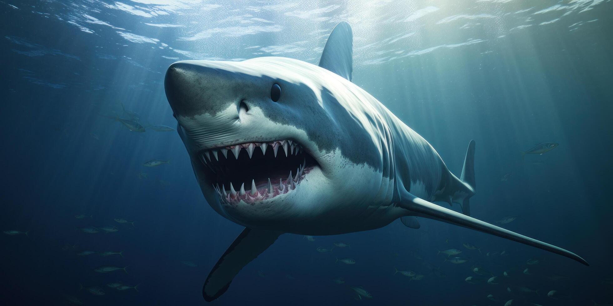 AI generated a white great white shark is showing its teeth underwater photo