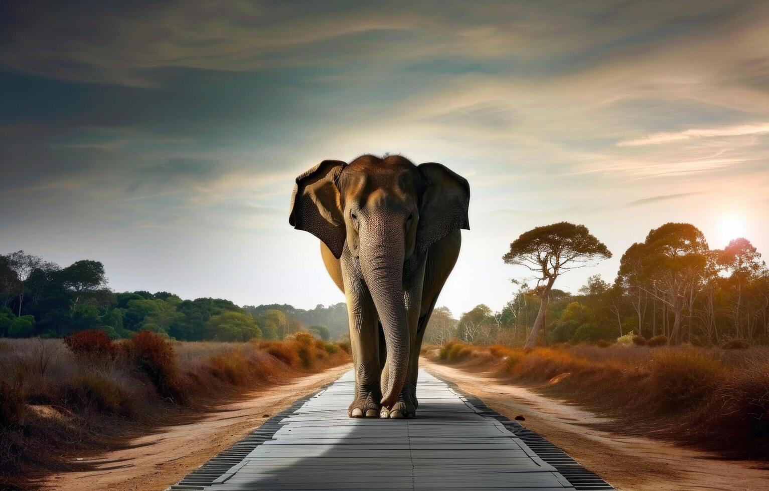 AI generated an elephant walking along the road photo