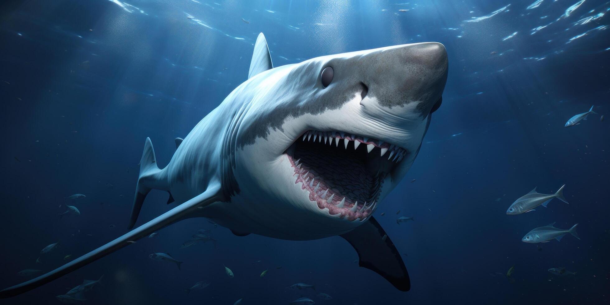 AI generated a white great white shark is showing its teeth underwater photo