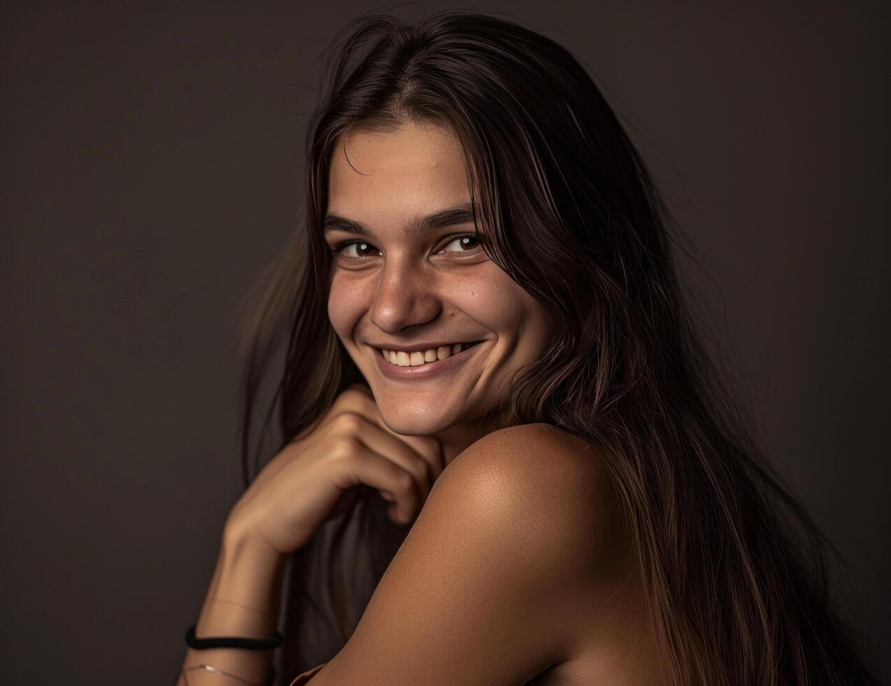 AI generated a young woman with long hair posing while smiling photo