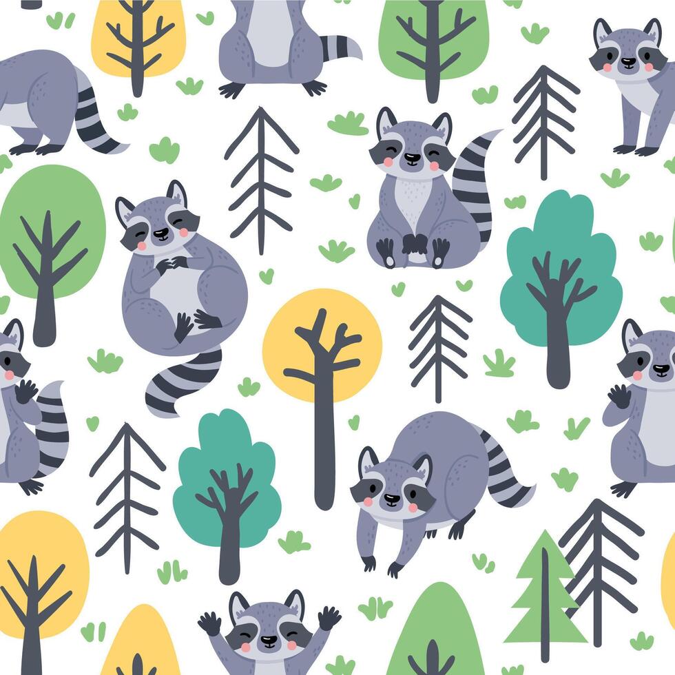 Cute seamless pattern with cartoon forest raccoons and trees. Childish print with happy animals. Baby racoon for nursery vector wallpaper