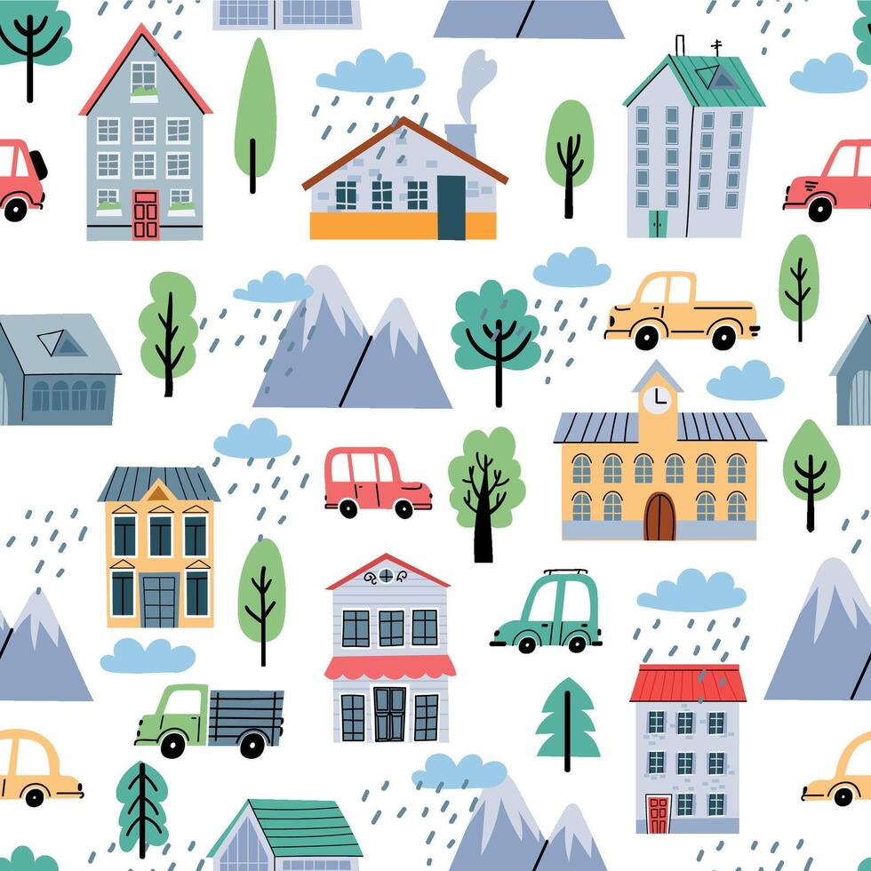 Childish seamless pattern with scandinavian houses, trees and cars. Cute town and transport. Cartoon landscape vector print for baby nurcery