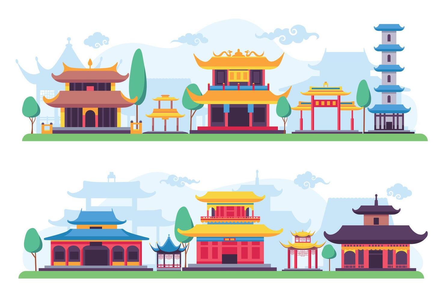 plano barrio chino o antiguo chino ciudad calle paisaje. asiático antiguo edificios, casas, templos y pagoda. dibujos animados China pueblo vector escena