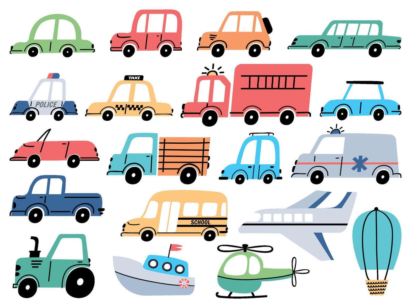 Cartoon kids toy cars police, ambulance, airplane and boat. Vehicles, truck, bus and tractor. Flat transport in simple baby style vector set