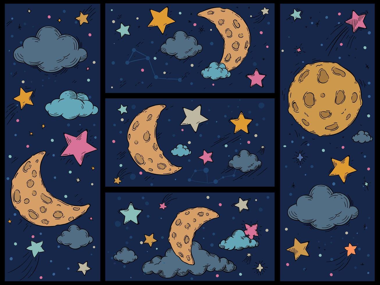 Cartoon night sky. Hand drawn print with stars, moon and clouds. Childish space pattern for sleep with starry galaxy, vector backgrounds set