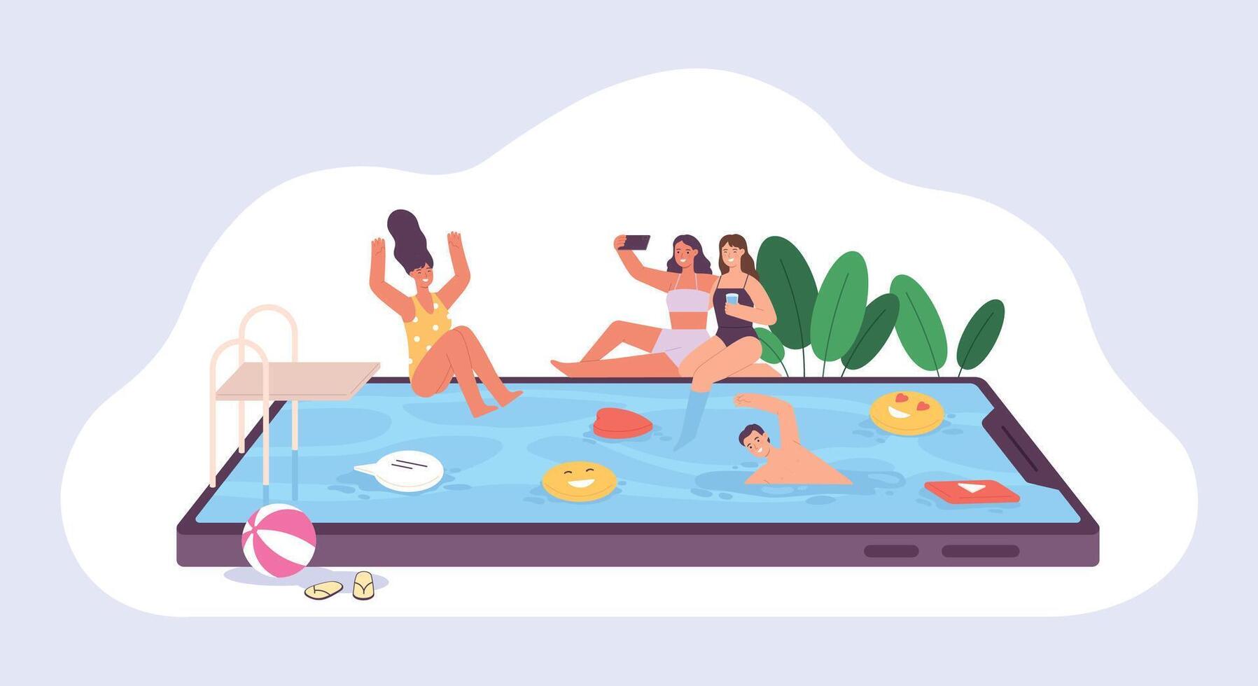 social medios de comunicación concepto con personas nadar en teléfono piscina. teléfono inteligente influencia, en línea mensajes y aplicaciones social redes adiccion vector póster