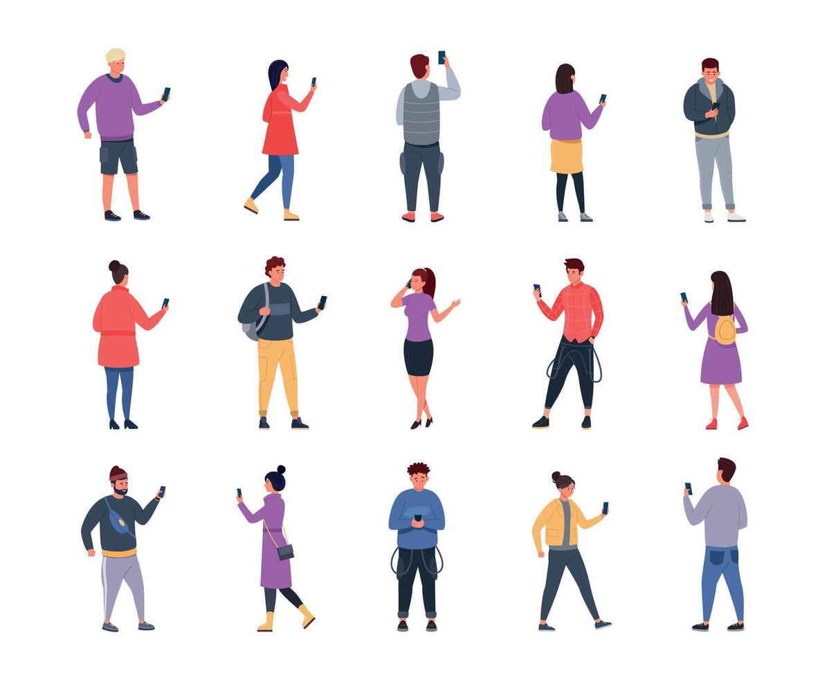 Crowd with phones. Cartoon persons holding and talking on smartphone, men and women with gadgets. Vector set