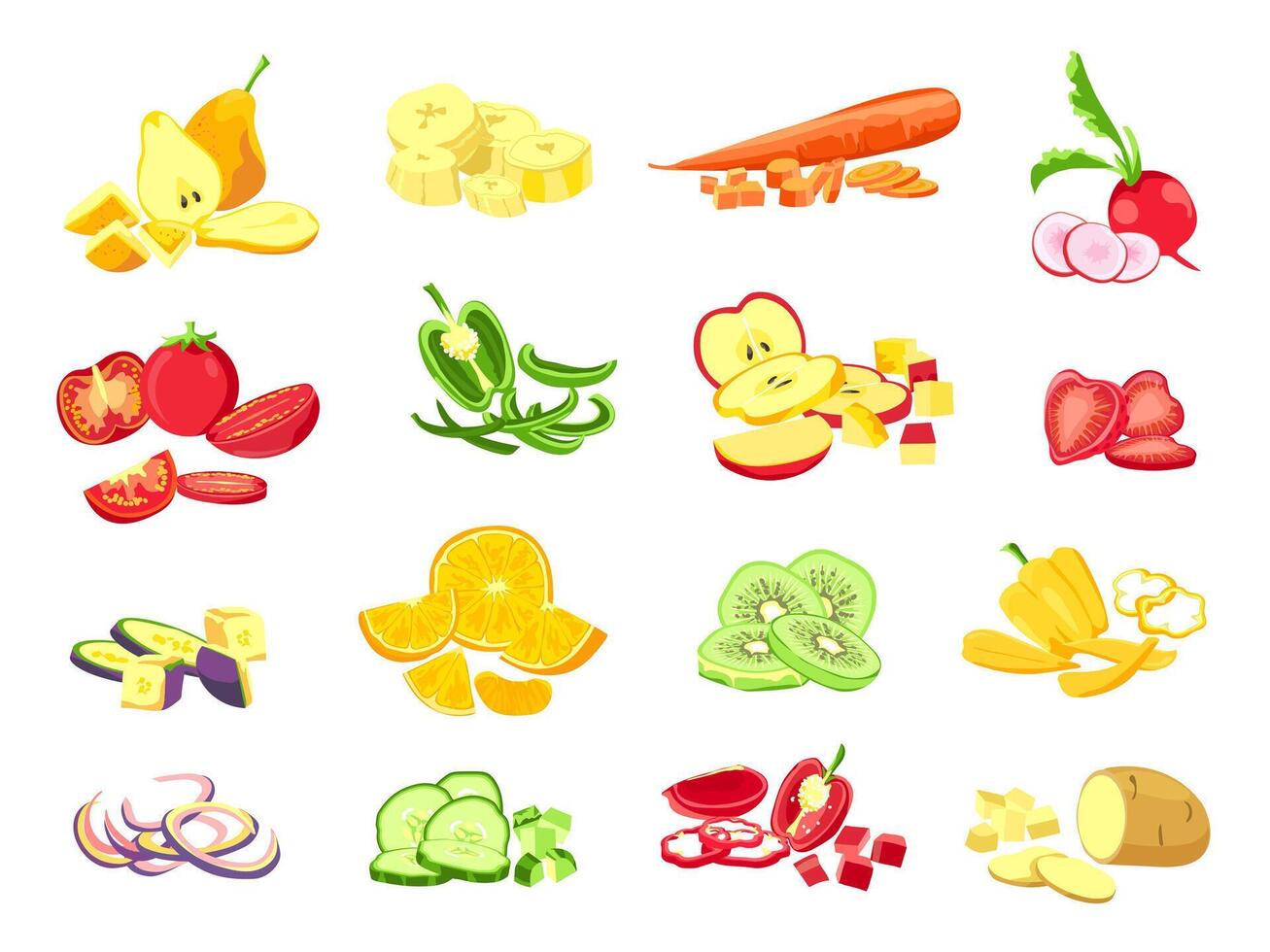 Sliced fruit and vegetable. Cartoon vegetarian food cutted slices, rings and pieces. Fruits half cut of orange, apple and banana vector set