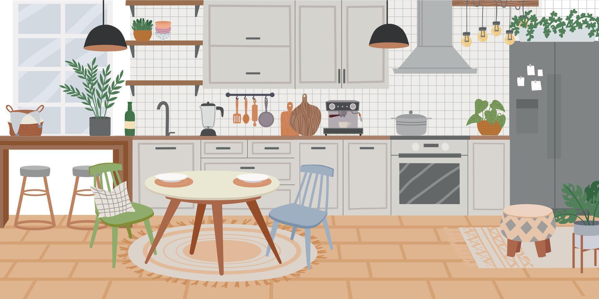 escandinavo cocina interior, Cocinando armarios y comida mesa. hogar cocinar habitación con mueble y refrigerador. acogedor cocina vector antecedentes