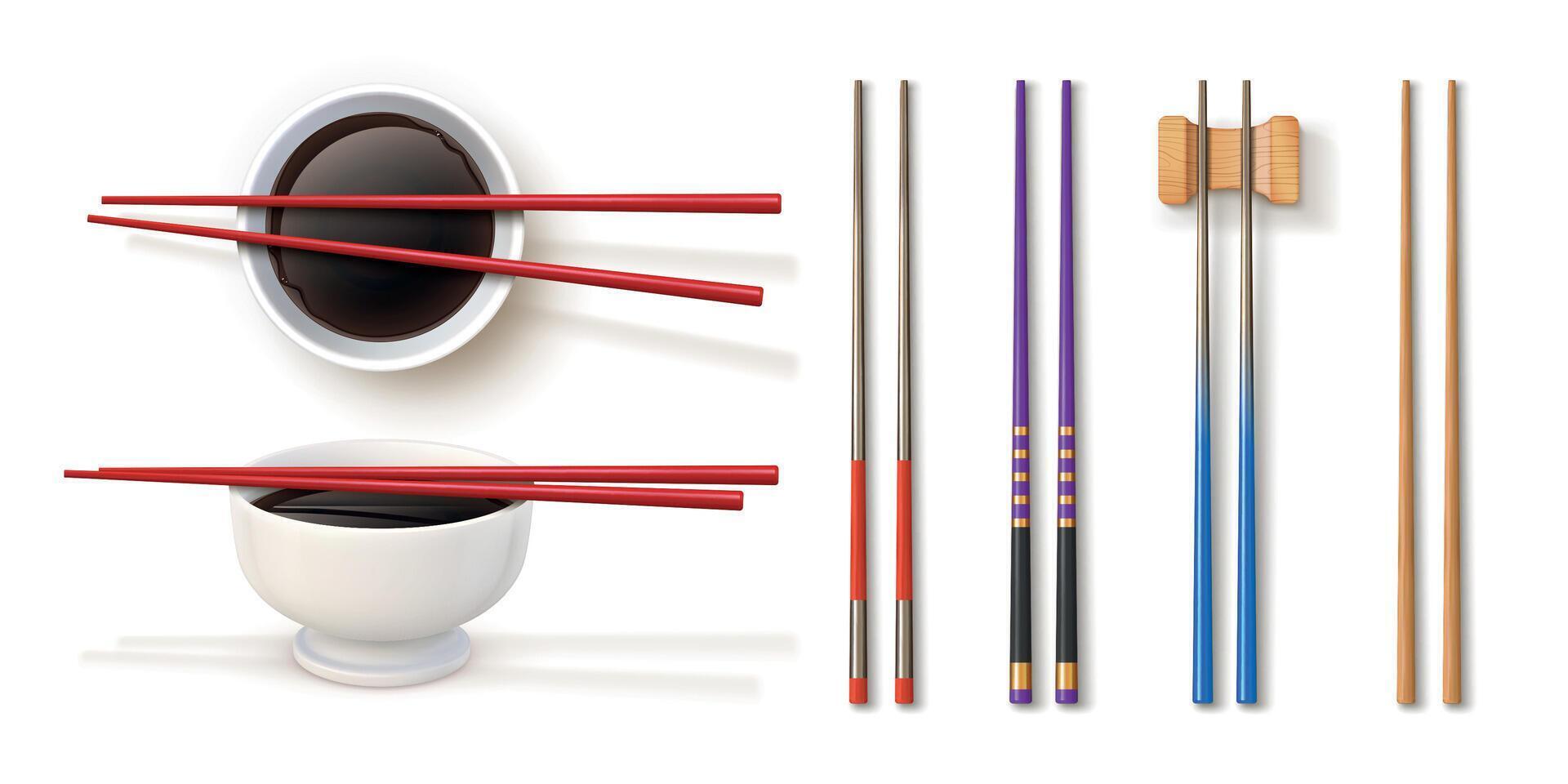 Realistic chopstick designs and bowl with soy sauce. Traditional japanese bamboo utensils. Chopsticks for sushi and asian food vector set