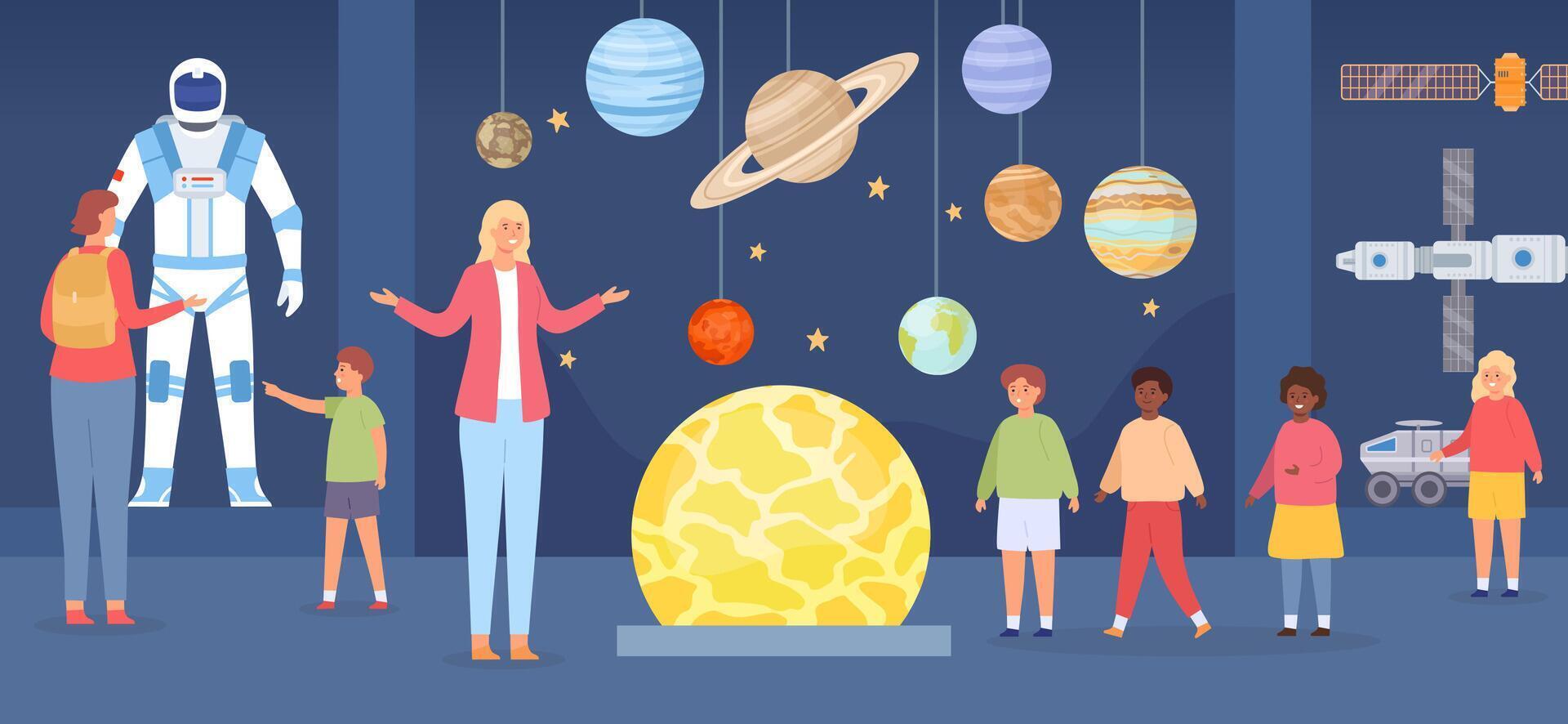 Planetarium excursion. Adults and kids characters in astronomy gallery. School trip to space museum. Flat cosmos exhibition vector concept